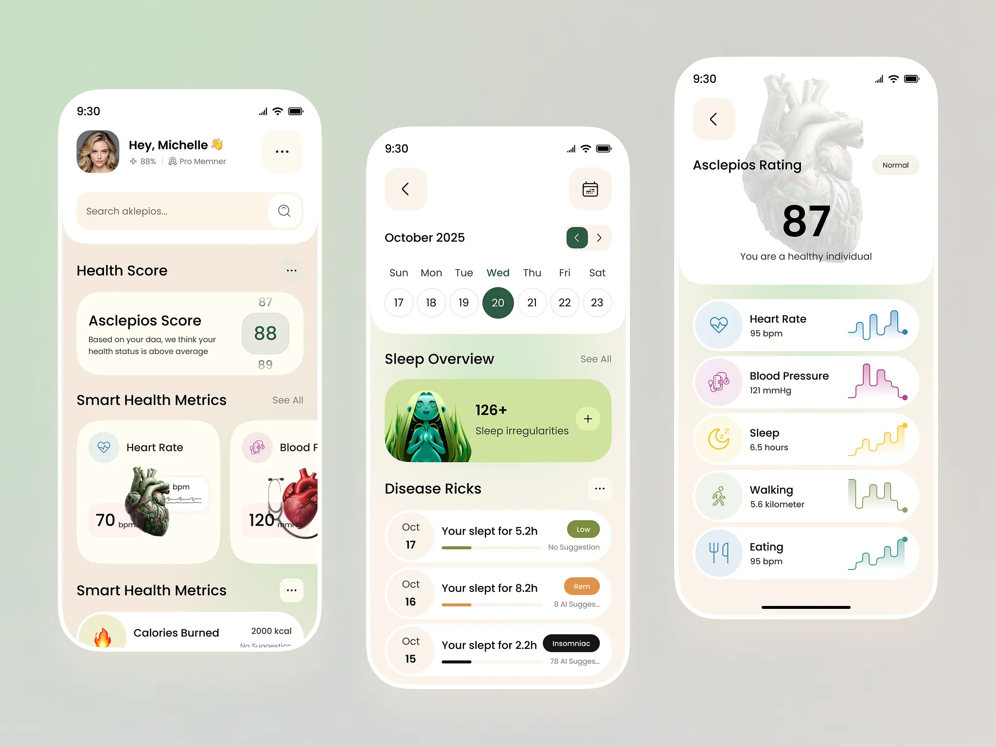 Asclepios health companion app with health score, vitals, sleep tracking, and disease risk insights