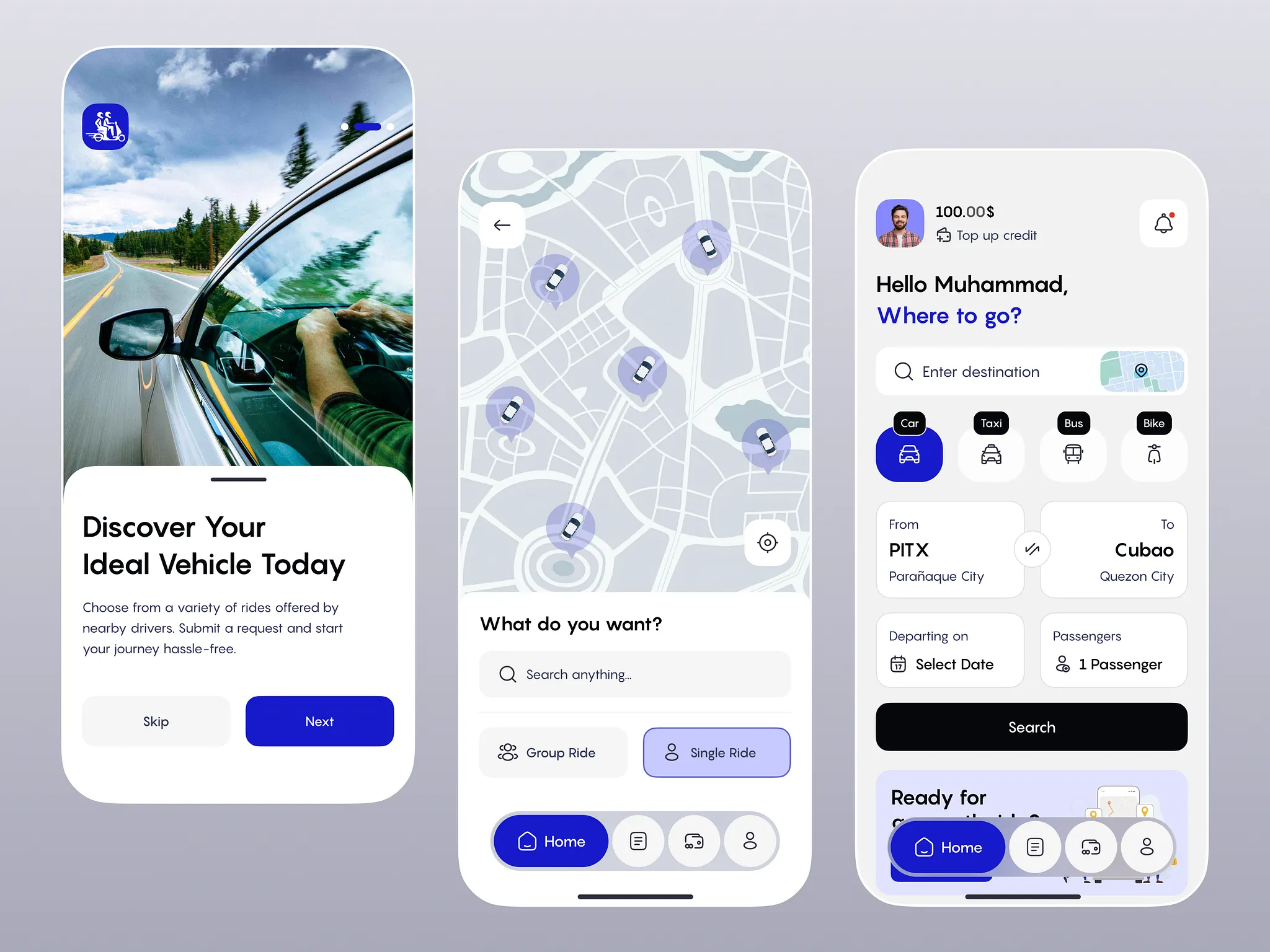 SwiftMove ride-hailing app showing onboarding, map-based booking, and trip planning screens